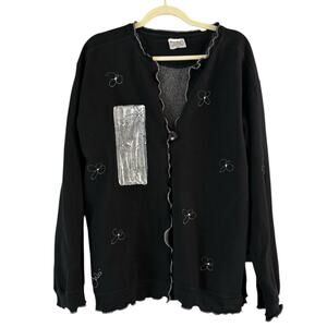 Kunky's Hand Painted Flowers Art To Wear Cardigan Sweatshirt Black Size Medium